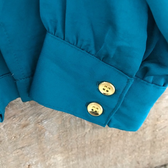 Teal blue side tie blouse gold buttons - Picture 4 of 5